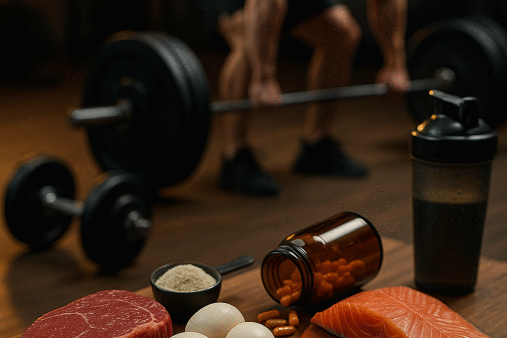 mann trainiert hinter tisch mit vitamin b12 und essen