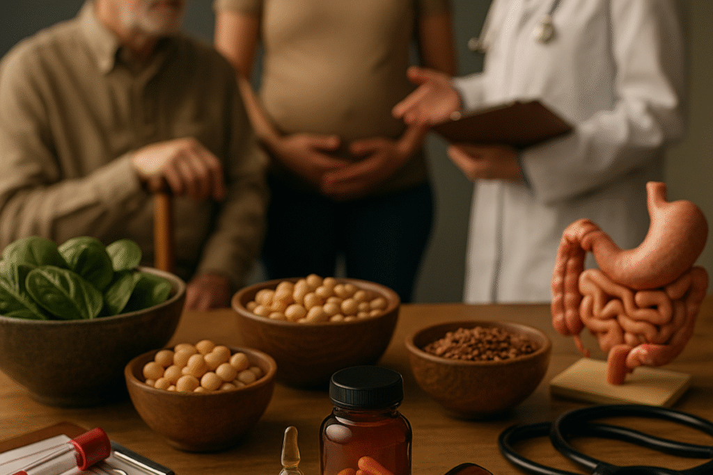 menschen sprechen hinter supplement und essen